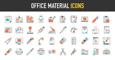 kontor material ikoner. sådan som lim, anteckningsbok, material, penna, sax, häftapparat, linjal, suddgummi. kontor verktyg och Utrustning ikon uppsättning för utbildning. brevpapper affär Tillbehör vektor