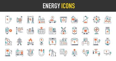 energi ikon uppsättning. sådan som förnybar energi, ekologi, grön elektricitet, pump, ugn, smartphone, skräp bin, raffinaderi, kol, plugg, olja, kärn, gas cylinder, hydro, kraft ikoner vektor