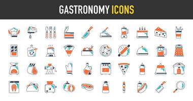 Gastronomie Symbole Satz. eine solche wie Apfel, Steak, Speisekarte, Auster, schnell Essen, Zitrone, Kaffee Bohnen, Gin, Kalk, Zitrone, Taco, Koch, Messer, Bein, heiß Hund, Lamm, Besteck, Kuchen, Mixer, Butter Illustration vektor