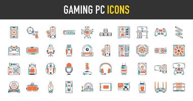 gaming pc ikoner uppsättning. sådan som fall, grafisk kort, ssd, cpu, dator, moderkort led remsa, fläkt, spel kontroller, headset, router, kraft, bärbar dator, disk, joystick, kör illustration vektor