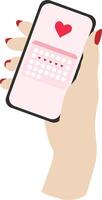 kvinna hand innehav telefon med period spårning app. kvinna period tracker vektor