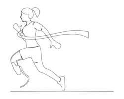 kontinuierlich Single Linie Zeichnung von deaktiviert Frau mit künstlich Bein erreicht das Fertig Linie im zuerst Platz im ein Laufen Wettrennen. gesund Sport Ausbildung Konzept. Wettbewerb Fall. Design Illustration vektor