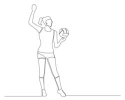 kontinuierlich Single Linie Zeichnung von weiblich Volleyball Athlet ist erziehen ihr richtig Hand vorbereiten zu Aufschlag. Sport Ausbildung Konzept. Volleyball Wettbewerb. Design Illustration vektor