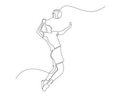 kontinuierlich Single Linie Zeichnung von Seite Aussicht von männlich Volleyball Athlet Springen hoch zu Smash das Ball. Sport Ausbildung Konzept. Volleyball Wettbewerb Design Illustration vektor