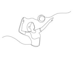 kontinuierlich Single Linie Zeichnung von weiblich Volleyball Athlet Springen hoch vorbereiten zu Smash das Ball. Sport Ausbildung Konzept. Volleyball Wettbewerb Illustration Design vektor