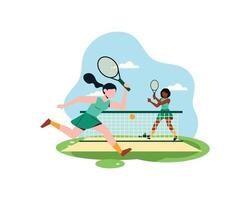 zwei jung Frauen trainieren Tennis zusammen. Sport und Erholung Aktivitäten Konzept. einfach eben Design im aktiv gesund Lebensstil Illustration vektor