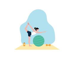 jung Frau tun Fußboden Übungen mit Gewichte auf beide Beine.Sport und Erholung Illustration. gesund Leben im eben Stil Design. vektor