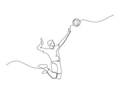 kontinuierlich Single Linie Zeichnung von männlich Volleyball Athlet springt hoch zu Smash das Ball. Sport Ausbildung Konzept. Volleyball Wettbewerb. Design Illustration vektor