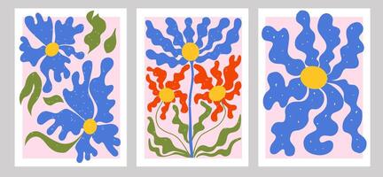 abstrakt blomma posters uppsättning. trendig botanisk vägg konst med vild blommig växter, blad i hippie stil. modern naiv häftig skraj interiör dekorationer, målningar. färgrik platt illustrationer vektor