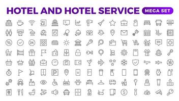 Hotel Symbole Satz. Vermietung Eigentum Symbole. einstellen von Wohnung Reservierung, Hotel Buchung, fünf Sterne Hotel, Bedienung Linie Netz Symbol. Hotel Universal- einstellen mit Gebäude, Parken, Mahlzeit, Luft Klimaanlage. vektor