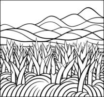 färg sida för vuxna. svart och vit illustration av gräs och berg. vektor