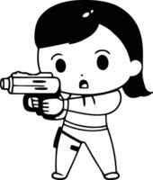 söt liten flicka skytte med en pistol tecknad serie illustration grafisk design vektor