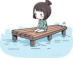 Mädchen Sitzung auf ein hölzern Seebrücke im das Wasser. vektor