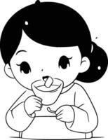 illustration av en söt liten flicka äter spaghetti. vektor