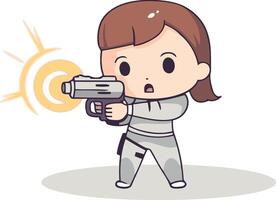 süß wenig Mädchen Schießen mit ein Gewehr Karikatur Illustration Grafik Design vektor