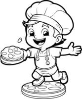svart och vit tecknad serie illustration av söt liten pojke kock innehav en stack av pannkakor eller pannkakor för färg bok vektor