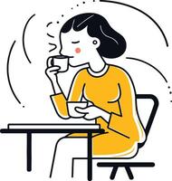 illustration av en kvinna Sammanträde på en tabell och dricka kaffe. vektor