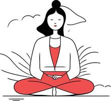 Illustration von ein Frau meditieren im Lotus Position auf das Strand. vektor