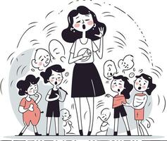 illustration av en kvinna talande på de telefon med henne barn. vektor