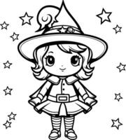 svart och vit tecknad serie illustration av söt liten häxa flicka färg bok vektor