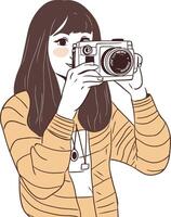 jung Frau nehmen Bild mit Jahrgang Kamera im skizzieren Stil. vektor