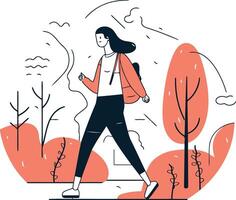 Illustration von ein Mädchen mit ein Rucksack Gehen im das Park. vektor