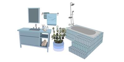 badrum möbel uppsättning. badrum tecknad serie blå element, toalett, badkar, handfat och Övrig badrum kosmetisk föremål. platt badrum interiör vektor