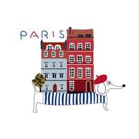 schön Jahrgang farbig Gebäude von Paris, Reise Poster mit Dackel Hund, Paris detailliert Monumente Silhouette, Eiffel Turm, süß Hund im ein rot Baskenmütze und ein gestreift Sweatshirt vektor