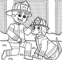 brandman pojke och brandman hund färg sida vektor