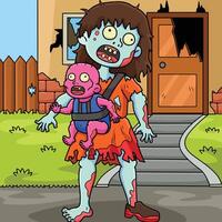 zombie mor och barn färgad tecknad serie vektor