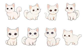 söt vit katt, chibi stil, olika stilar vektor