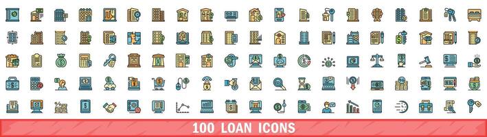 100 lån ikoner uppsättning, Färg linje stil vektor