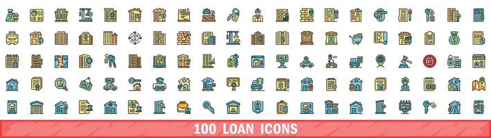 100 lån ikoner uppsättning, Färg linje stil vektor