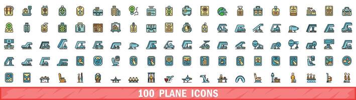 100 plan ikoner uppsättning, Färg linje stil vektor