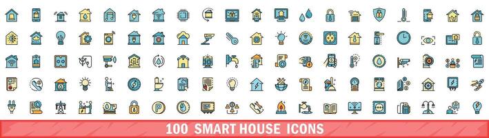 100 smart hus ikoner uppsättning, Färg linje stil vektor