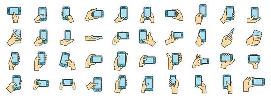 Hand halten Telefon Symbole einstellen Farbe Linie vektor
