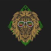 Vektor-Illustration der Löwenkopf trägt eine Brille vor einem Hintergrund von grünen rechteckigen Ornamenten Vintage Gravur