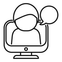 schwarz Linie Symbol von ein virtuell Assistent mit Rede Blase auf ein Computer Bildschirm vektor