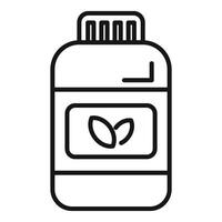 schwarz und Weiß Linie Kunst von ein Vitamin Flasche mit ein Blatt Symbol, Anzeige ein Gesundheit Ergänzung vektor