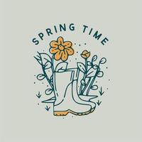 Frühling mit Stiefelgarten und Blumen Vintage handgezeichnete Illustration vektor