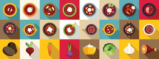 borsjtj platt ikoner. en samling av mat objekt i olika former och storlekar, Inklusive morötter vektor