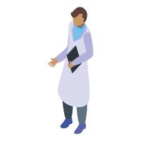 isometrisch Bild von ein Arzt im ein Weiß Mantel halten ein Zwischenablage, geeignet zum medizinisch Inhalt vektor