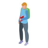 isometrisch Illustration von ein männlich Schüler mit ein Rucksack halten Bücher vektor