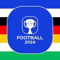 Vektorlogo der Fußballmeisterschaft 2024. Fußball oder Fußball 2024 Logo-Emblem auf nicht offiziellem blauem Hintergrund mit bunten Linien der Landesflagge. Sportfußballlogo mit Pokaltrophäe. vektor