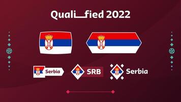Satz von Serbien-Flagge und Text auf dem Hintergrund des Fußballturniers 2022. Vektor-Illustration Fußball-Muster für Banner, Karte, Website. Nationalflagge Serbien vektor
