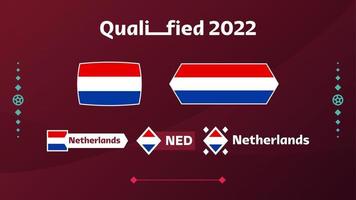 Satz von niederländischer Flagge und Text auf dem Hintergrund des Fußballturniers 2022. Vektor-Illustration Fußball-Muster für Banner, Karte, Website. Nationalflagge Holland vektor