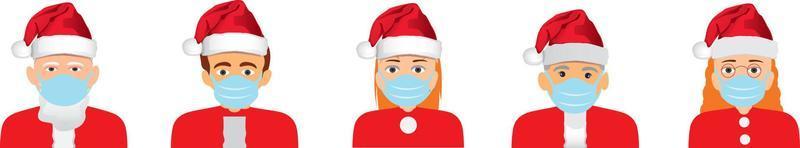 Set Mix Race Santa Männer Frauen in Masken Neujahr Weihnachtsfeiertage Feier Coronavirus Quarantäne Konzept Avatare Sammlung horizontale Porträtvektorillustration vektor