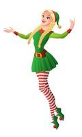 söt flicka i grön jul elf part kostym presenterar och poserar. tecknad stil vektorillustration isolerad på vit bakgrund. vektor