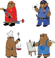 anthropomorphisierte Murmeltierfigur, die als Koch, Feuerwehrmann, Polizist und Maler verkleidet ist. Murmeltier-Set von vier Charakteren. vektor