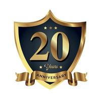 20-årsjubileum firar text företag affärsbakgrund med siffror. vektor firande årsdagen händelse mall mörkt guld röd färg sköld